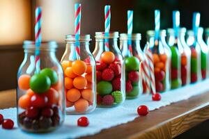 a long table with many jars filled with fruit. AI-Generated photo