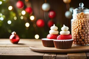 christmas cupcakes and candies on a wooden table. AI-Generated photo