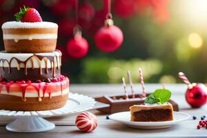 a cake with chocolate icing and strawberries on a table. AI-Generated photo