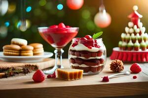 christmas dessert in glass jar with berries and cookies. AI-Generated photo