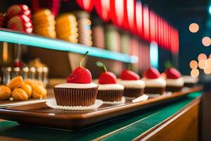 a tray of cupcakes with strawberries on top. AI-Generated photo
