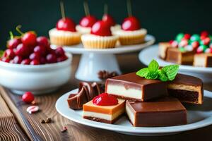 various desserts on white plates with cherries and berries. AI-Generated photo