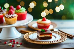 christmas cakes and cupcakes on wooden table. AI-Generated photo