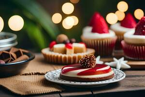 Navidad postres en un de madera mesa. generado por ai foto