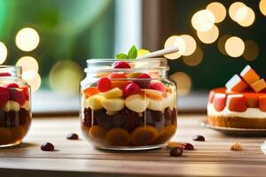 two jars with fruit and cake on a table. AI-Generated photo