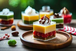 un postre con Fruta y crema en un de madera lámina. generado por ai foto