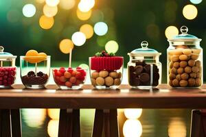various types of candies in glass jars on a table. AI-Generated photo