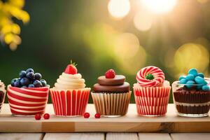 cupcakes with different flavors on a wooden table. AI-Generated photo