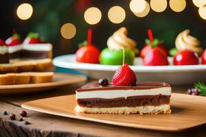 un postre con chocolate y fresas en un de madera mesa. generado por ai foto