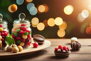 three jars of candy on a wooden table with a christmas tree in the background. AI-Generated photo