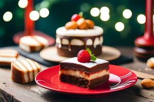 a piece of chocolate cake with a strawberry on top on a red plate. AI-Generated photo