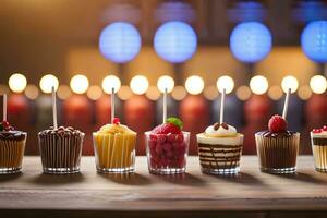 a row of different desserts in glasses on a table. AI-Generated photo