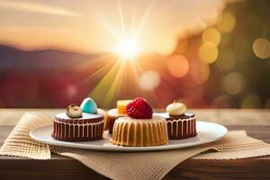 three chocolate cakes on a plate with a sunset in the background. AI-Generated photo