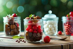 three jars with different types of chocolate and berries. AI-Generated photo