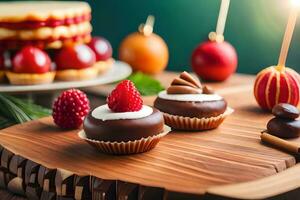 chocolate desserts on a wooden table with candles. AI-Generated photo