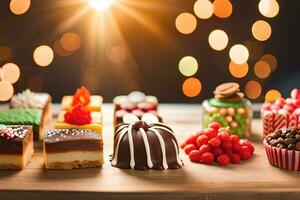 Navidad pasteles en un de madera mesa con luces. generado por ai foto