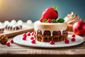 a cake with a strawberry on top and a red rose. AI-Generated photo