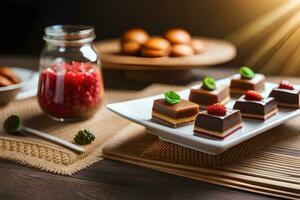 varios postres en un mesa con un vaso frasco. generado por ai foto