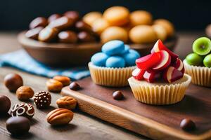 various cupcakes and candies on a wooden table. AI-Generated photo