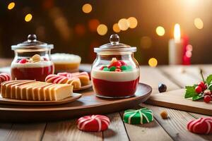 christmas desserts on a wooden table with candles. AI-Generated photo