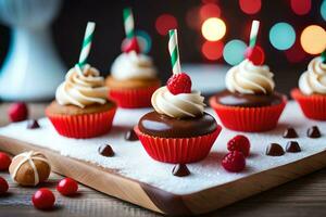 cupcakes with chocolate frosting and red berries on a wooden tray. AI-Generated photo
