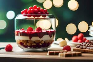 un postre con frambuesas y chocolate en un vaso frasco. generado por ai foto