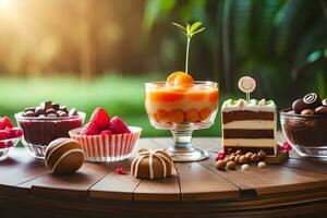 various desserts are displayed on a table. AI-Generated photo