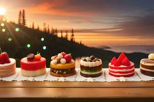 a row of cakes on a table with a sunset in the background. AI-Generated photo