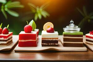 un grupo de pasteles en un de madera bandeja. generado por ai foto