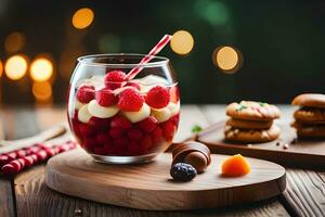 un vaso de Fruta y galletas en un mesa. generado por ai foto