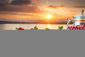 a jar of berries and a cup of tea on a table with a sunset in the background. AI-Generated photo