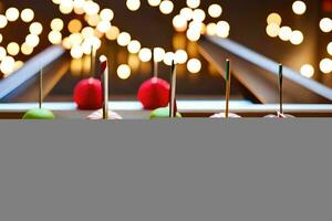 a table with several apples on sticks. AI-Generated photo
