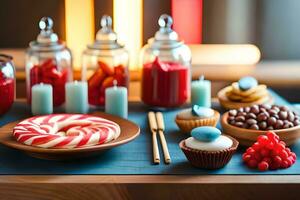 un mesa con rojo, blanco y azul golosinas y postres generado por ai foto