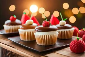 three cupcakes with chocolate frosting and strawberries. AI-Generated photo