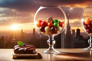 two glasses with fruit and chocolate on a table. AI-Generated photo