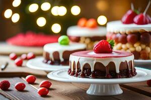 three cakes with frosting and berries on a table. AI-Generated photo