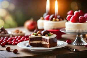 a cake with chocolate frosting and berries on a table. AI-Generated photo