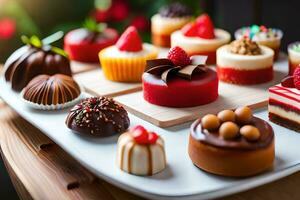 un bandeja de diferente tipos de postres en un mesa. generado por ai foto