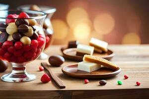 a glass of chocolate and fruit on a wooden table. AI-Generated photo