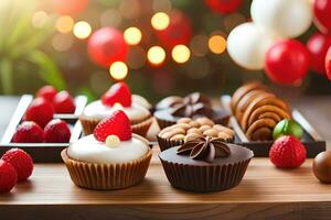 chocolate cupcakes with red berries and berries on a wooden table. AI-Generated photo