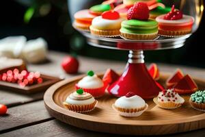 a cake stand with cupcakes and other desserts. AI-Generated photo