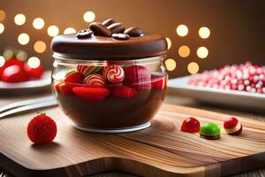 a dessert in a glass jar with strawberries and chocolate. AI-Generated photo