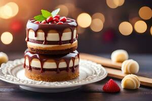 three layered cakes with chocolate frosting and berries. AI-Generated photo