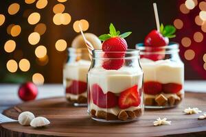 Tres postre frascos con fresas y crema. generado por ai foto