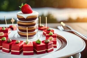 un postre plato con un fresa en cima. generado por ai foto