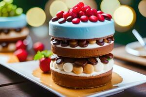 three layered cakes with berries and nuts on top. AI-Generated photo