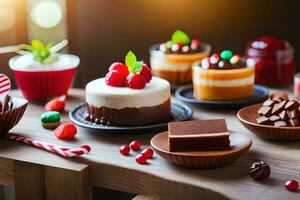 various desserts on a table with a candle. AI-Generated photo