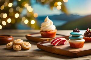 a wooden tray with cupcakes and other desserts. AI-Generated photo