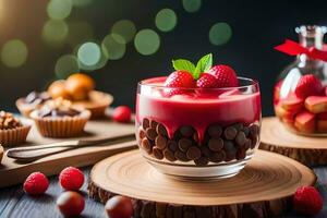 un postre con chocolate y frambuesas en un vaso. generado por ai foto