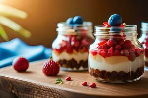 three jars with fruit and berries on a wooden table. AI-Generated photo